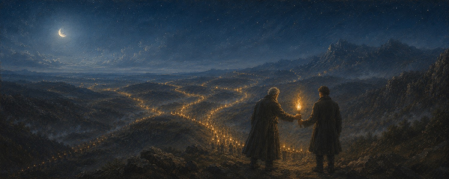 Two figures pass a torch above a vast valley traced by paths of light
