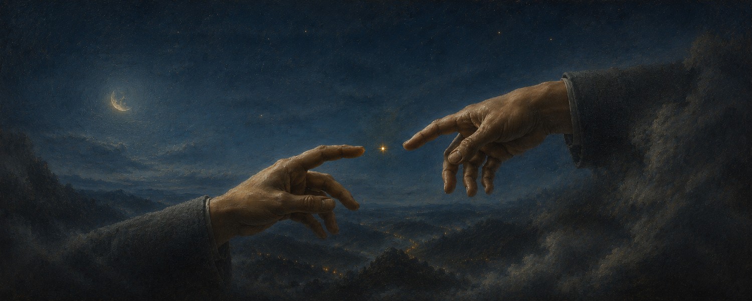Two hands reach toward a small point of light over a dark mountain landscape