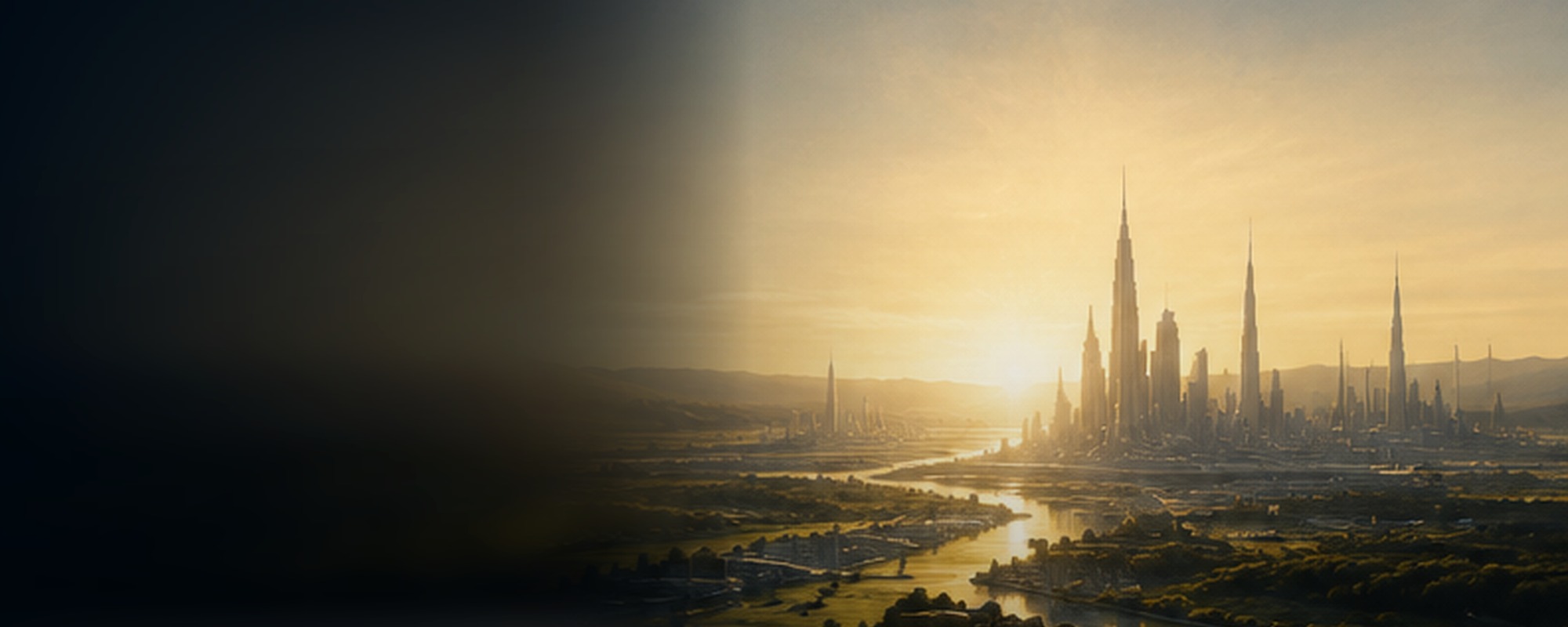 A luminous city at the horizon, seen across a broad landscape at dawn